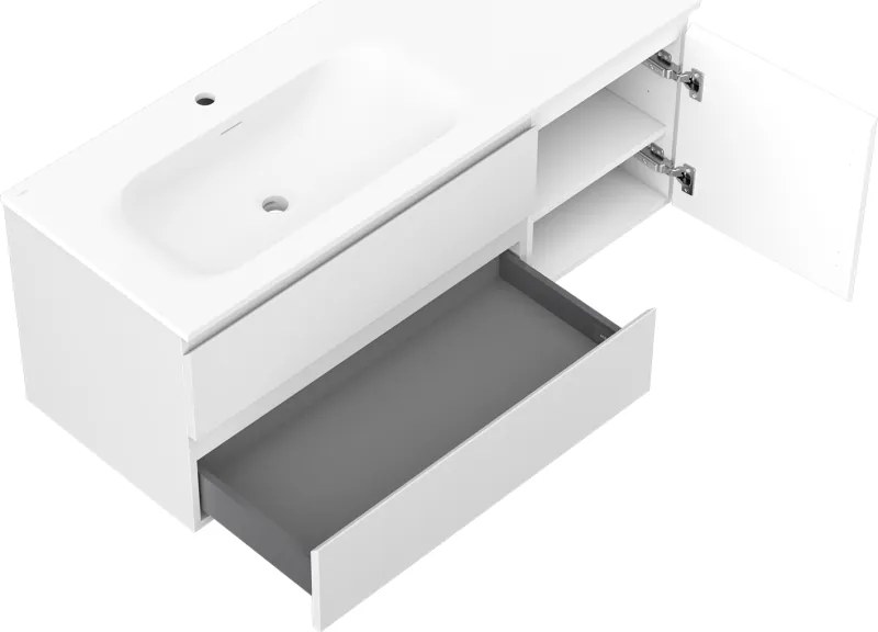 Mexen Orio, kúpeľňová skrinka 120 cm s umývadlom Vela vľavo, 2S, 1D, biela matná, 91A13-12047-3-BBFFFF01-W23L01
