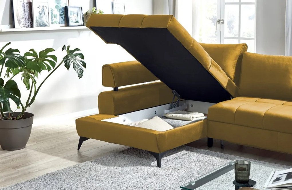 Rohová sedacia súprava Paris, horčicová žltá látka, ľavý roh