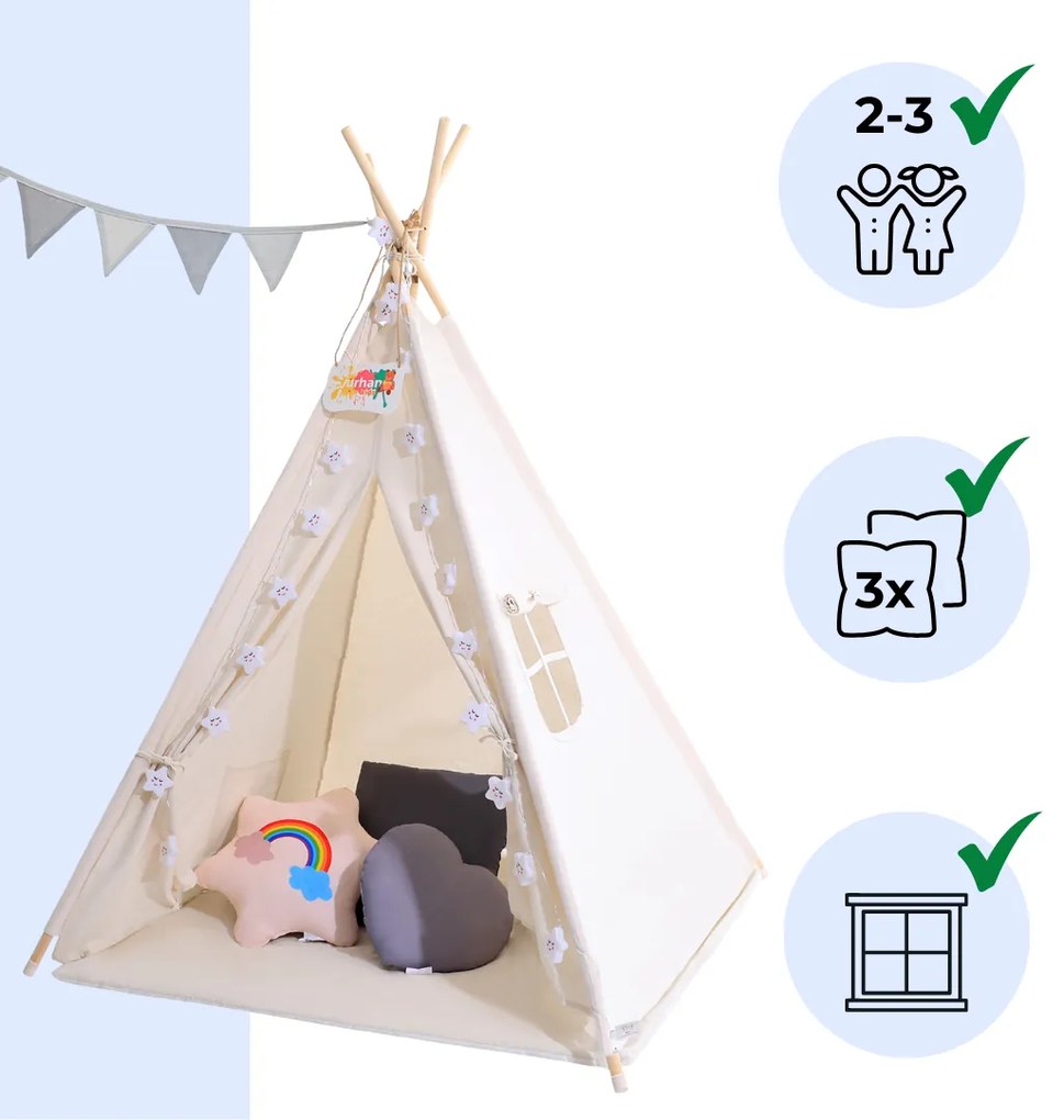 Detský stan teepee JULIUS, 120x120x160cm, biela/šedá Jurhan