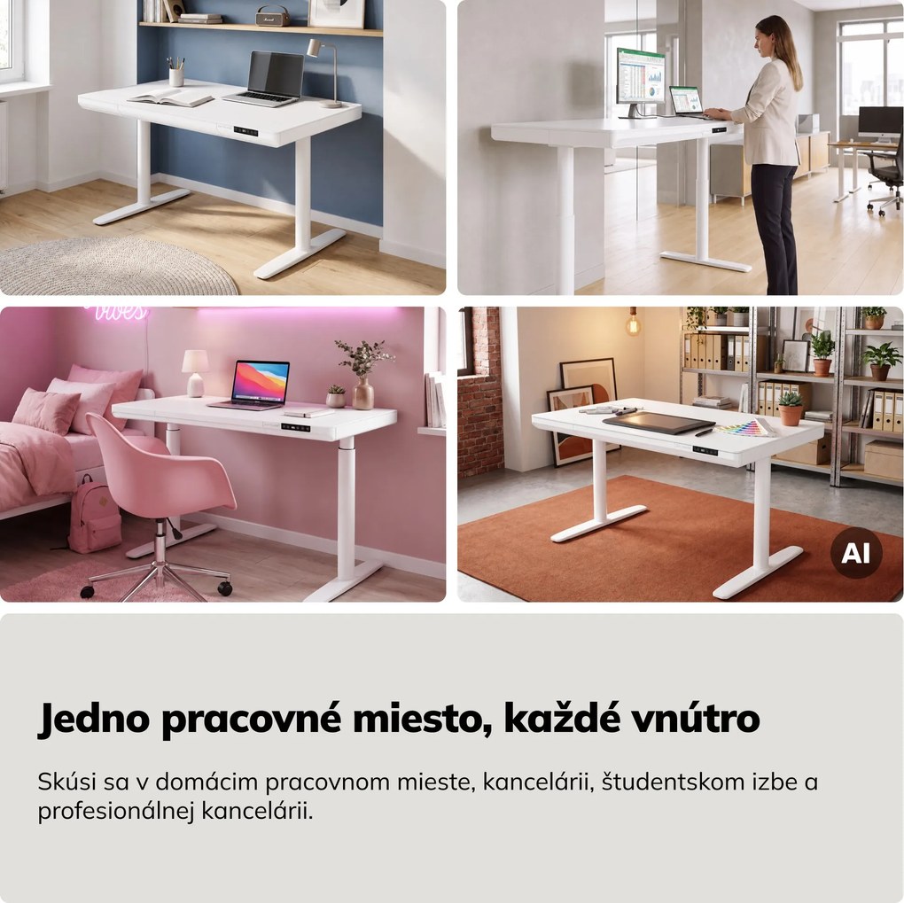 Elektrický písací stôl sit-stand so zásuvkou a bezdrôtovou nabíjačkou Qi biely, 1200 mm: ELLIS