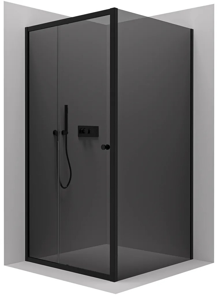Cerano Varone, sprchovací kút s posuvnými dverami 110 (dvere) x 80 (stena) x 195 cm, 6mm šedé sklo, čierny profil, CER-CER-429610