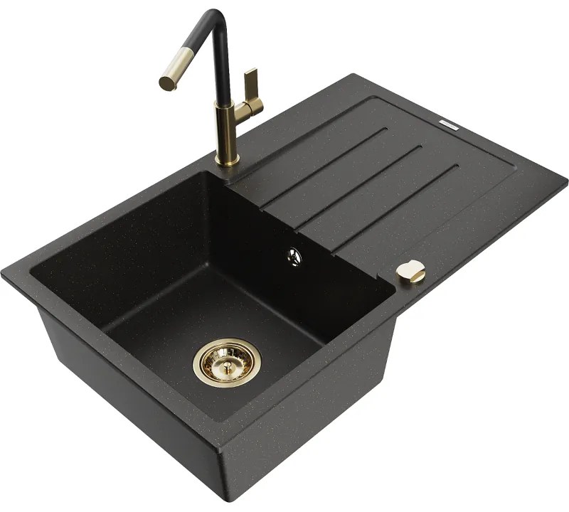 Mexen Bruno, 1-komorový granitový drez 795x495x200 mm a drezová batéria Flora, čierna-zlatá metalíza, 6513-75-670401-57-G