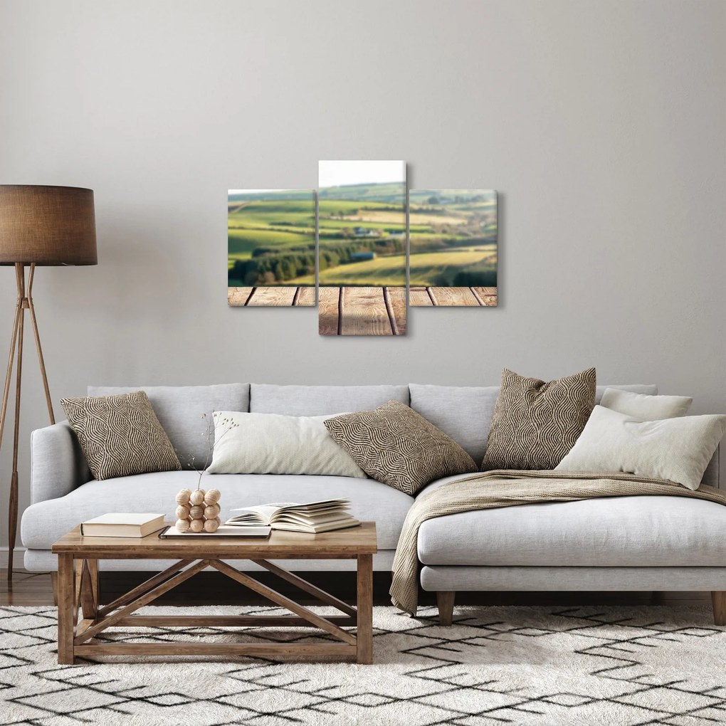 Obraz - Drevená polica s krajinou (90x60 cm)