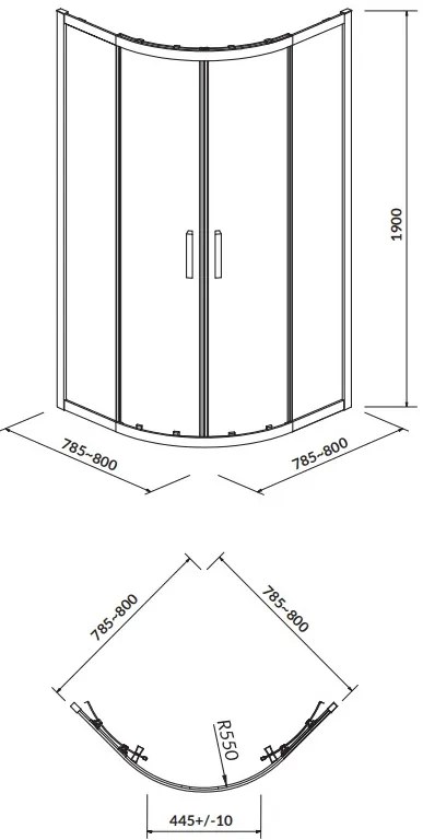 Cersanit Arteco, štvrťkruhový sprchový kút 80x80x190cm, 5mm číre sklo, chrómový profil + sprchová vanička Tako, S601-113