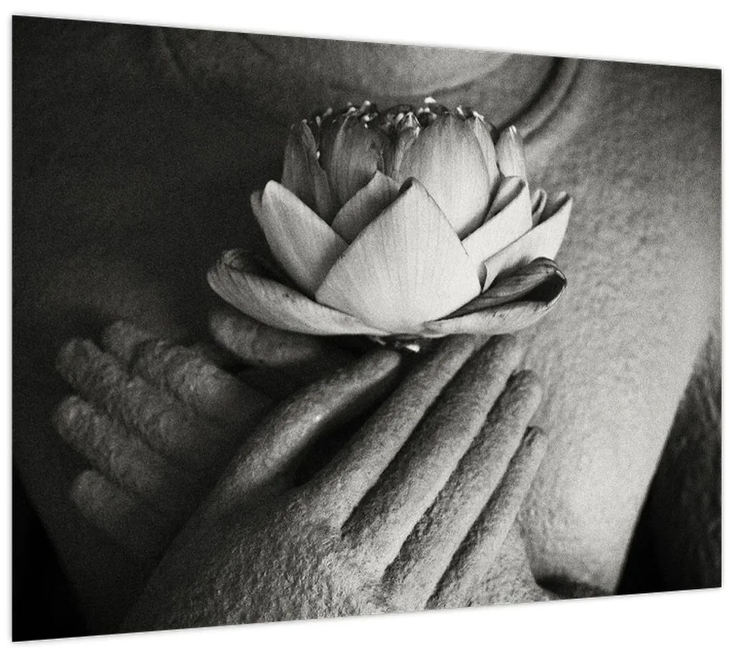 Sklenený obraz - Lotos v rukách Budhu (70x50 cm)