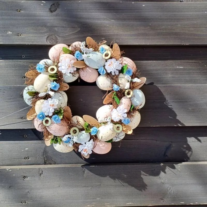 DECOLED Velikonoční věnec, 30 x 8 cm, modré kvítky a vajíčka