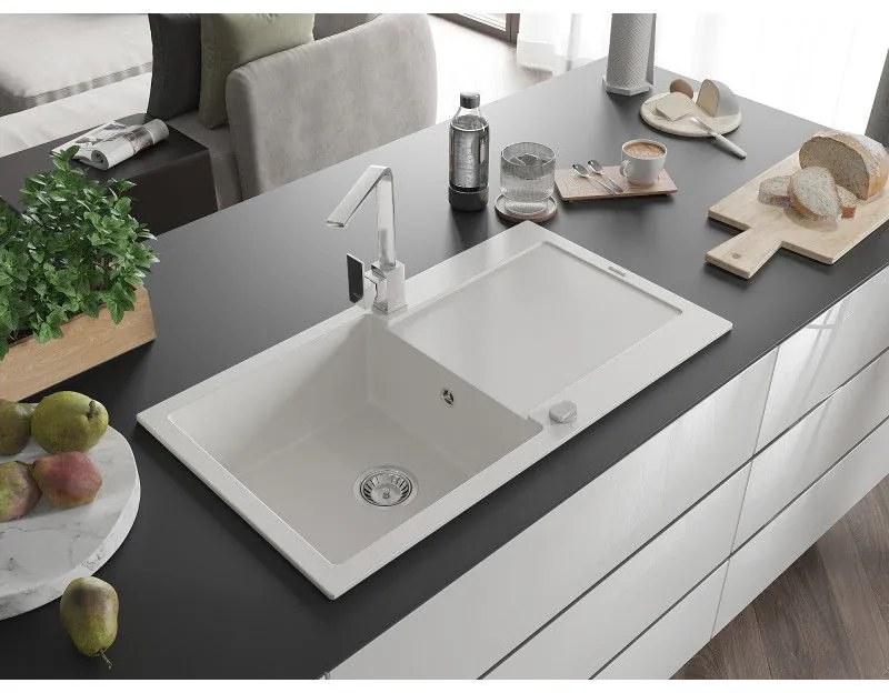 Mexen Leo, drez granitový 900x500x190 mm, 1-komorový, biely s chrómovým sifónom a chrómová drezová batéria Rita, 6501-20-670300-00