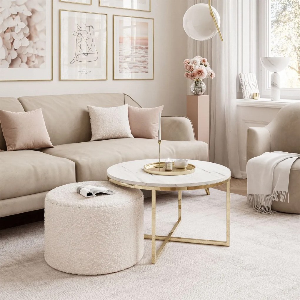 KONFERENČNÝ STOLÍK LEONARDO X BIELY MRAMOR + ZLATÝ + TABURET BÉŽOVÝ