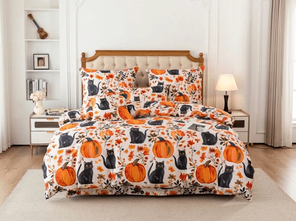 Obliečky z mikrovlákna CATS AND PUMPKINS farebné Rozmer obliečky: 70 x 90 cm | 140 x 200 cm