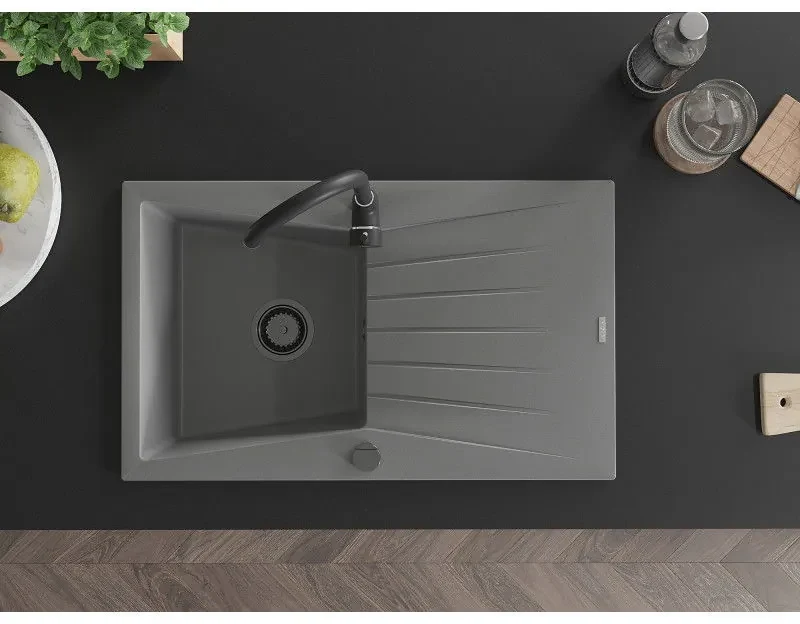 Mexen Cesar, granitový drez 775x470x190 mm, 1-komorový, šedá s čiernym sifónom, 6514771010-71-B