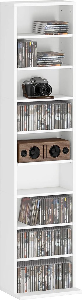 HOMCOM CD a DVD polica s 9 priehradkami a nastaviteľnými policami do obývacej izby alebo kancelárie 33x24x140 cm Biela | Aosom