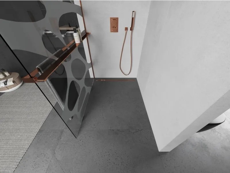 Mexen Kioto+ L, sprchová zástena Walk-In s poličkou a vešiakom 80 x 200 cm, 8mm číre sklo biely vzor, ružové zlato profil, 800-080-123-60-97