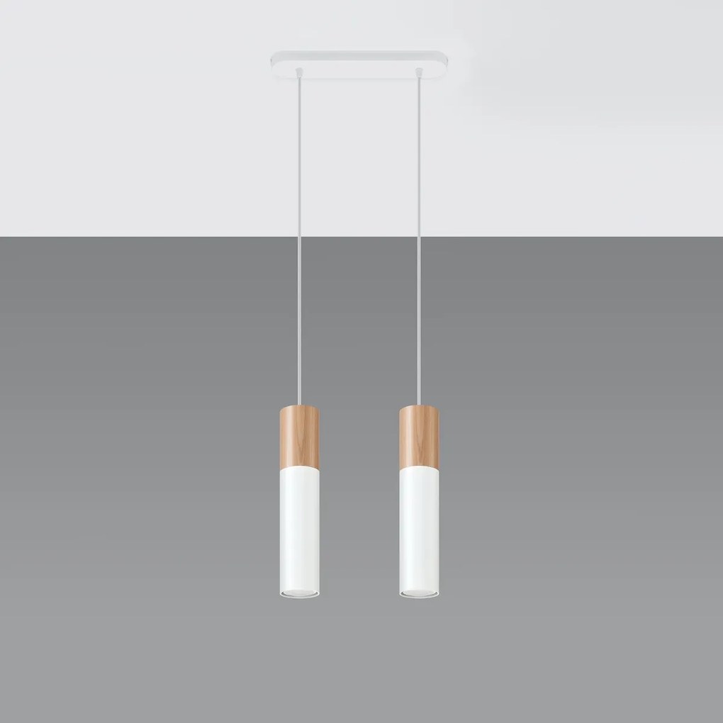 Závesné svietidlo Pablo, 2x drevené/biele kovové tienidlo