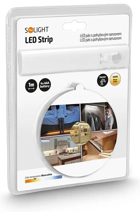 SOLIGHT LED pásik s pohybovým senzorom, 1m, 4x batérie AAA, IP20, 3000K teplá biela