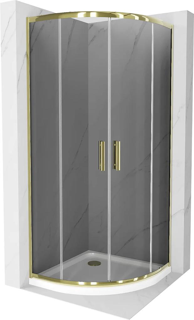 Mexen Rio, štvrťkruhový sprchovací kút s posuvnými dverami 80 (dvere) x 80 (dvere) x 190 cm, 5mm šedé sklo, zlatý profil + biela sprchová vanička SLIM, 863-080-080-50-40-4110G