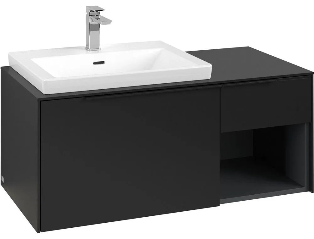 VILLEROY &amp; BOCH Subway 3.0 závesná skrinka pod umývadlo (umývadlo vľavo), 2 zásuvky + regálový prvok, s LED osvetlením, 1001 x 516 x 422,5 mm, Volcano Black, C572L1VL