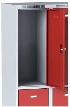 Šatníková skrinka S6 na sokli s úložnými boxami, 6 boxov, 1920 x 1200 x 500 mm, otočný zámok, červené dvere