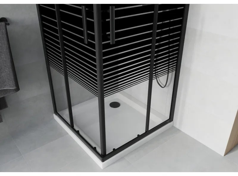Mexen Rio, štvorcový sprchovací kút s posuvnými dverami 90(dvere) x 90(dvere) x 190 cm, 6mm číre sklo s pásikmi, čierny profil + biela sprchová vanička SLIM, 860-090-090-70-20-4010B
