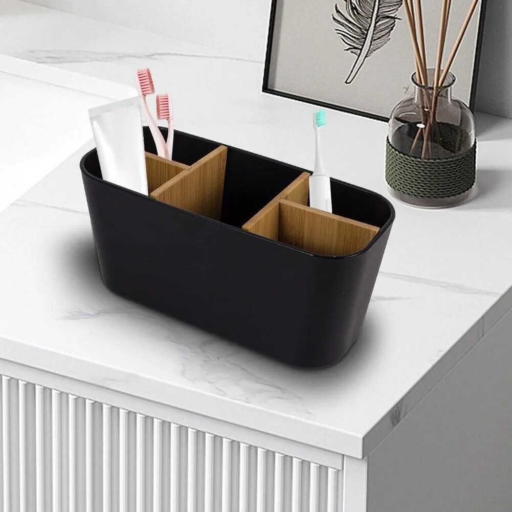 Organizér s bambusovými priehradkami, stojan na kefky, čierny OVEL