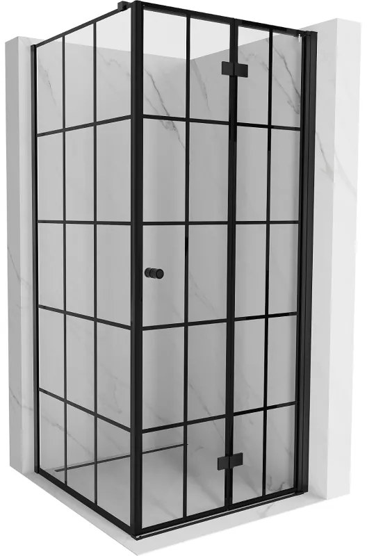 Mexen Mist-F T, 1-krídlový skladací sprchový kút pravý 85 x 85 cm, číre sklo-čierna mriežka, 8A6T-085-085-70-77-P