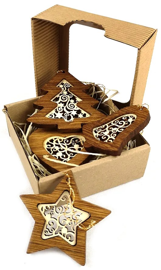 AMADEA Vianočný set 4 druhov drevených ozdôb z masívu s vkladom - ornament + krabička