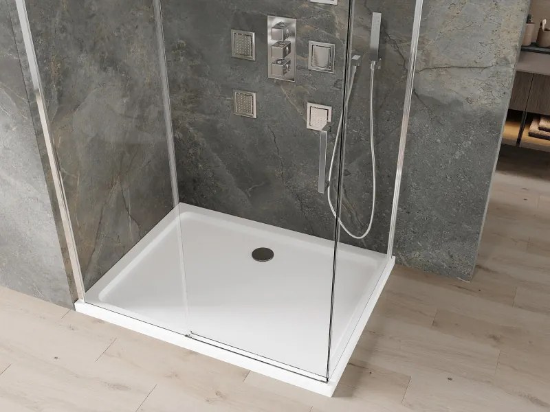 Mexen Omega, sprchovací kút s posuvnými dverami 120 (dvere) x 80 (stena) cm, 8mm číre sklo, chrómový profil + slim sprchová vanička 5cm, 825-120-080-01-00-4010