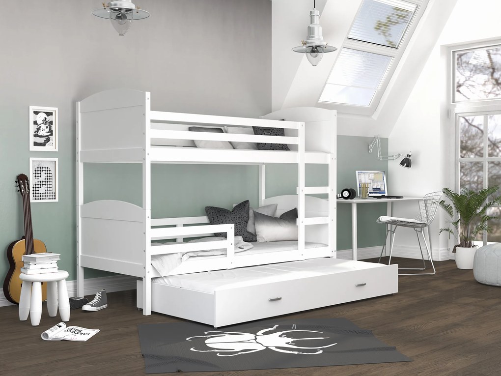 GL Poschodová posteľ Matúš 3 biela MDF s prístelkou Farba: Ružová, Rozmer: 200x90