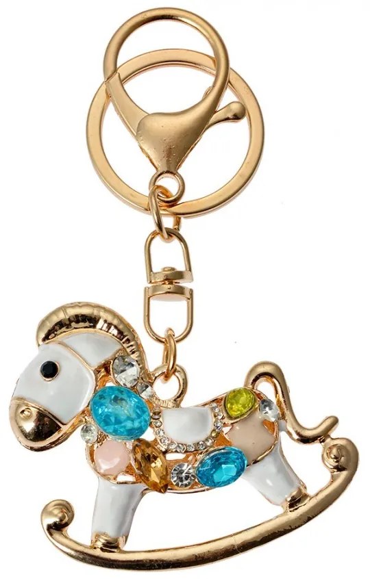 Zlatý kovový prívesok na kľúče s kamienkami hojdací koník - 6*2*4 cm