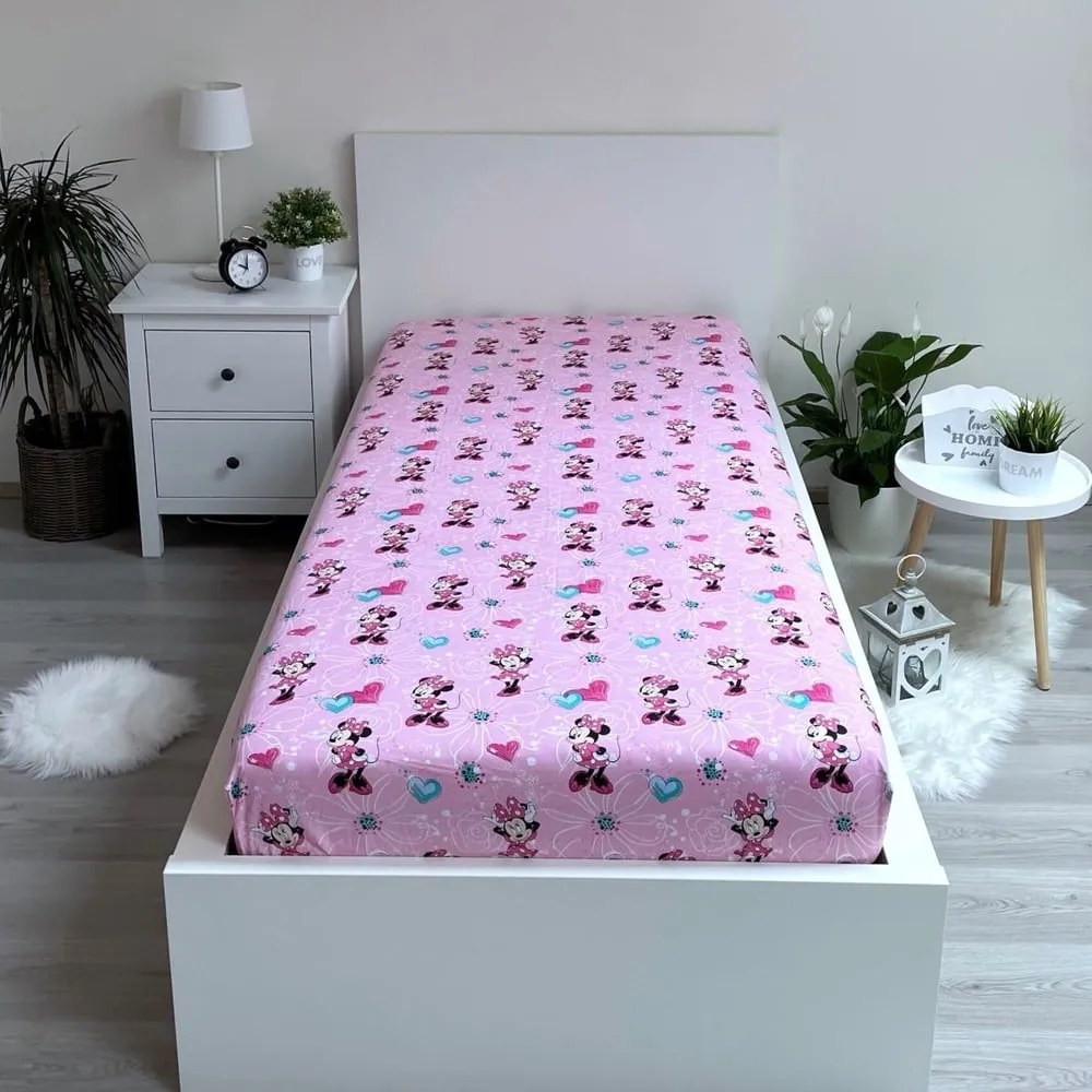 Ružová napínacia bavlnená detská plachta 90x200 cm Minnie "Flowers" – Jerry Fabrics