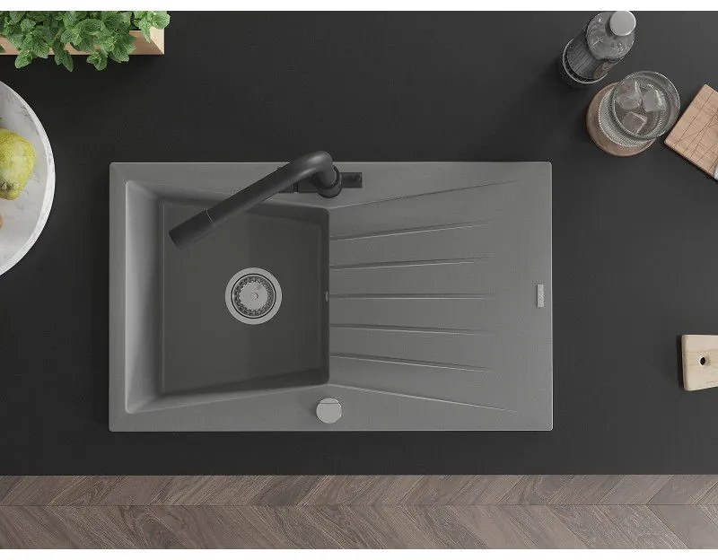 Mexen Cesar, granitový drez 775x470x190 mm, 1-komorový a čierna matná batéria Duero, šedá, 6514-71-671600-70