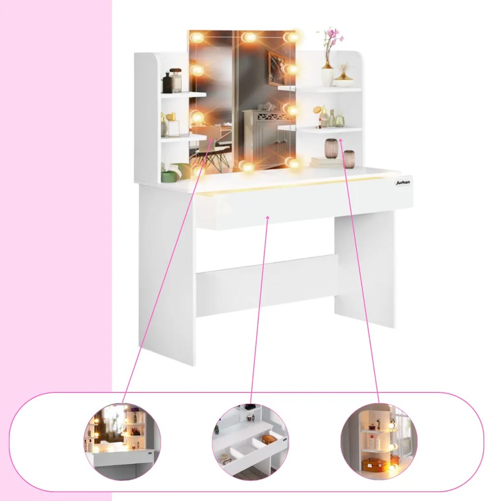 Toaletný stolík LUCIA s osvetlením 108x40x140cm, biela Jurhan