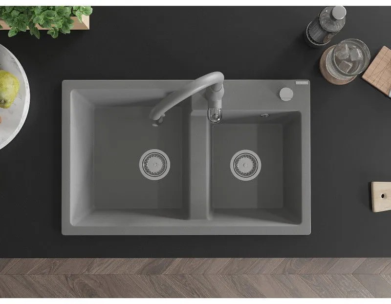 Mexen Tomas, granitový drez 800x500x190 mm, 2-komorový a drezová batéria Savita, šedá, 6516-71-672601-71