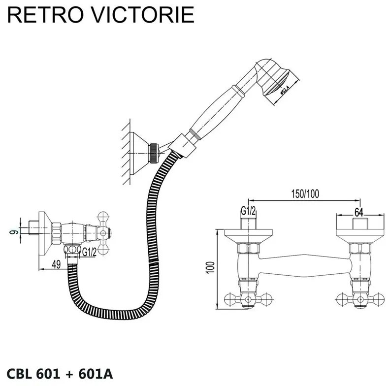 Mereo, Sprchová nástenná batéria, Retro Viktorie, s príslušenstvom, chróm, MER-CBL601