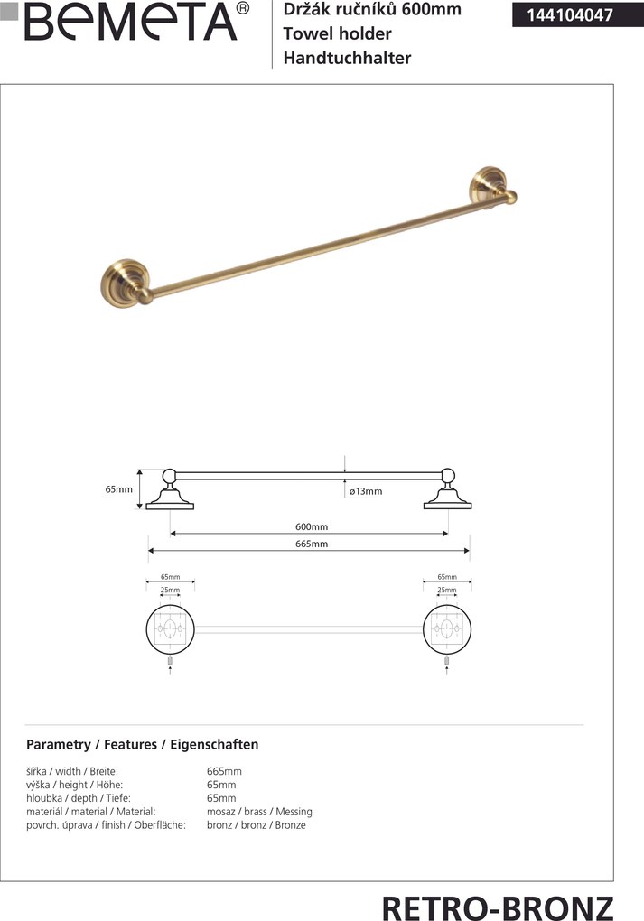 Bemeta Design RETRO bronz: Držiak uterákov, 600 mm - 144104047