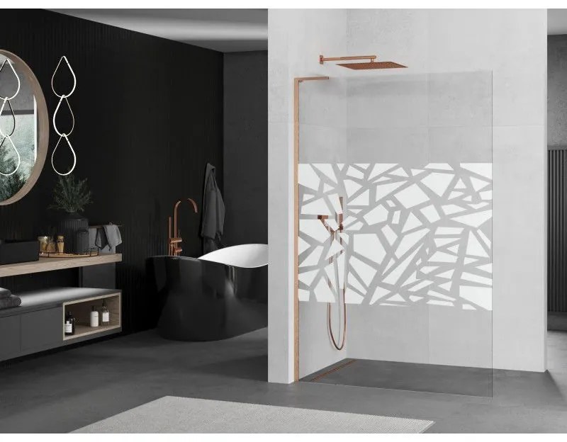 Mexen Kioto L, sprchová zástena Walk-In 90 x 200 cm, 8mm číre sklo biely vzor, medený matný profil, 800-090-103-65-85