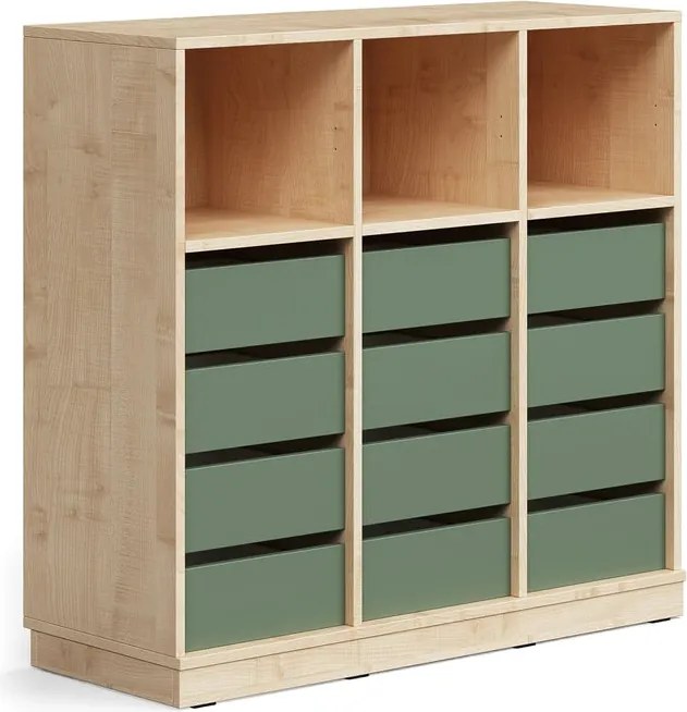 Úložná skrinka CASPER, 12 zásuviek, 3 horné priehradky, so soklom, breza/tmavozelená