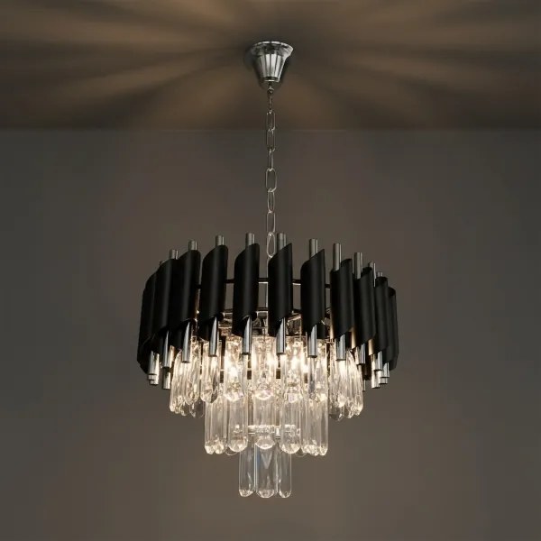 Luster na reťazi CRISTAL 5xE14/10W/230V, priemer 38 cm, čierna / matný chróm