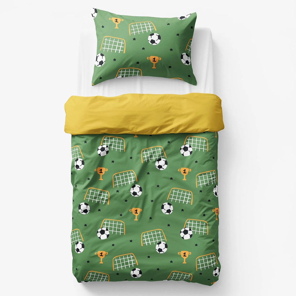 Goldea detské bavlnené obliečky duo - futbalový svet s medovo žltou 150 x 200 a 50 x 60 cm