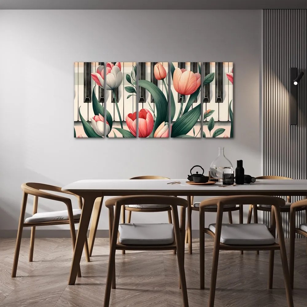 5-dielny obraz klavír a tulipány v kvetinovej symfónii