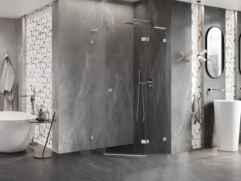 Mexen Lunar, L pravý výklopný päťuholníkový sprchový kút 80 x 80 cm, 8mm číre sklo, chrómový profil, 831L-080P-080L-01-00-P