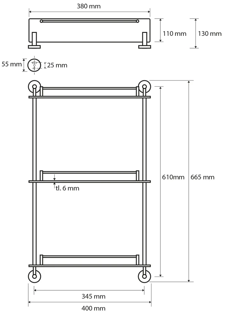 Sapho Sapho, X-ROUND E sklenená polička trojitá s hrazdou 380x675x130mm, chróm, XR608