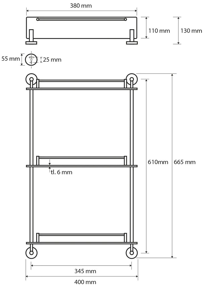 Sapho, X-ROUND E sklenená polička trojitá s hrazdou 380x675x130mm, chróm, XR608