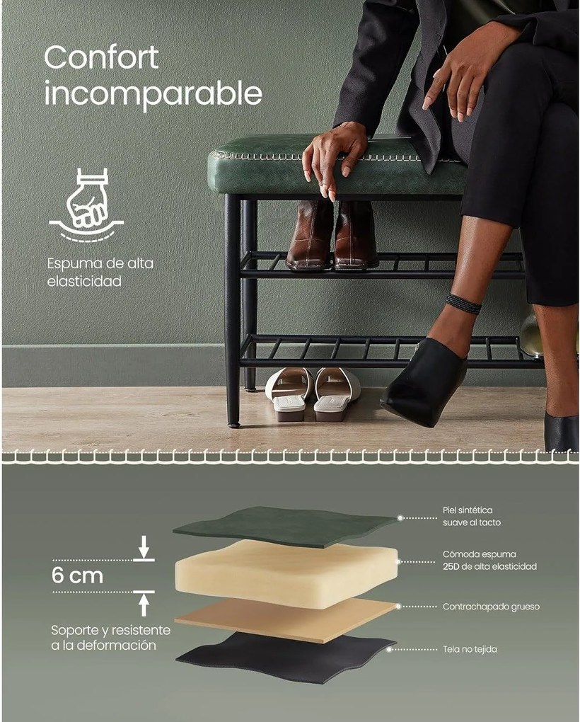 EKHO Lavička s policami na topánky, čalúnené sedadlo, botník, zelená