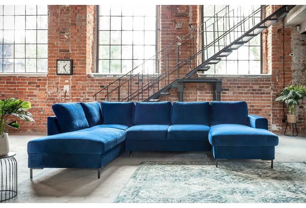 Námorníckymodrá zamatová rozkladacia pohovka do "U" Miuform Lofty Lilly, ľavý roh