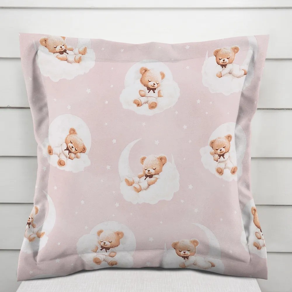 Biante Detská bavlnená obliečka na vankúš s lemom Sandra SA-743 Spiace medvedíky na obláčikoch na svetlo ružovom 50 x 50 cm