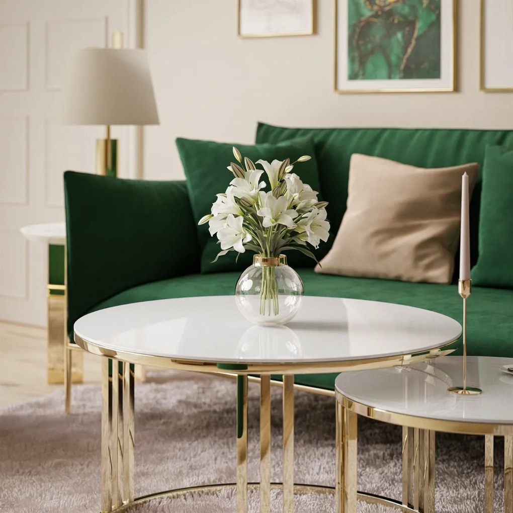 OKRÚHLY KONFERENČNÝ STOLÍK 2v1 LEONARDO 2 GLOSS CHROME BIELE SKLO + ZLATÝ