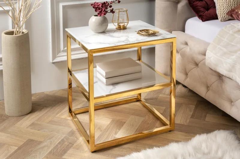 Príručný stolík Elegance 45cm mramorový vzhľad biely, zlatý rám