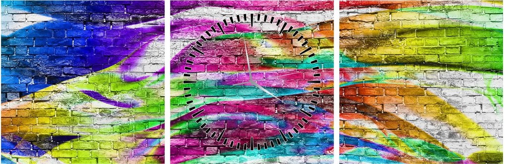 Obraz - Tehlový múr s farebnými plameňmi (s hodinami) (90x30 cm)