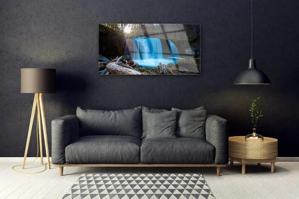 Skleneny obraz Slnko vodopád príroda 120x60 cm