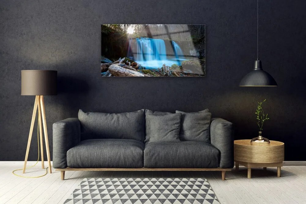 Skleneny obraz Slnko vodopád príroda 125x50 cm